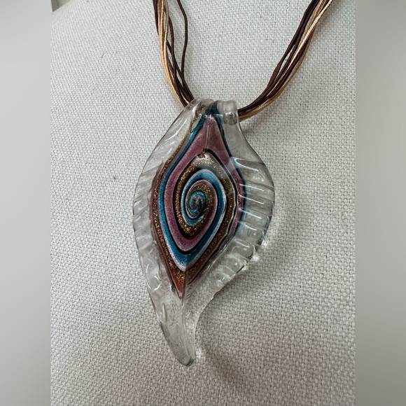 Large glass feather swirl pendant on corded necklace - Picture 3 of 7